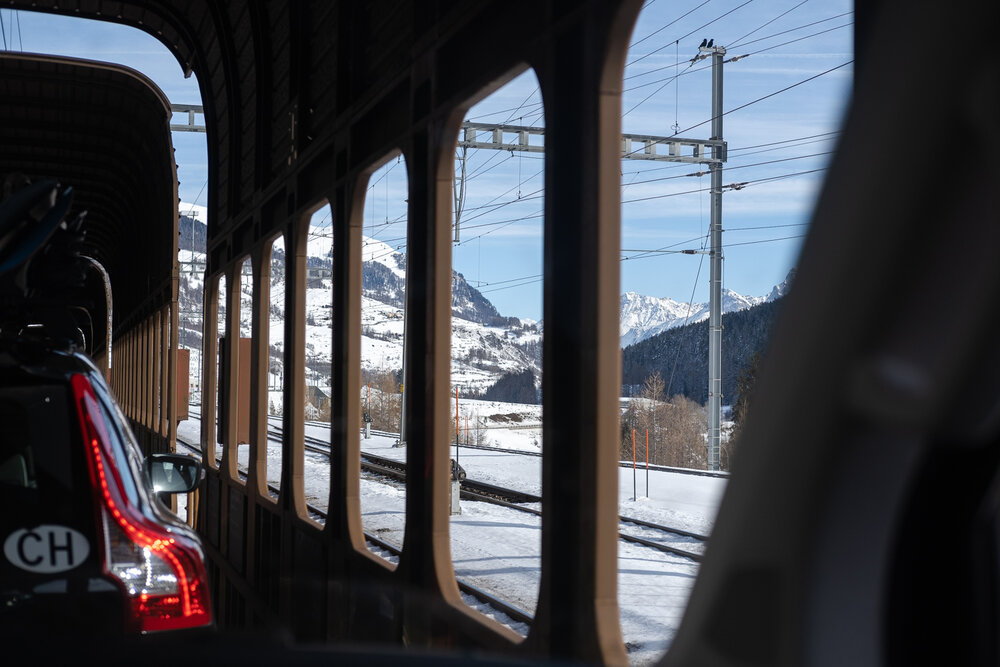 The Vereina Car Tunnel arriving into Engadin.