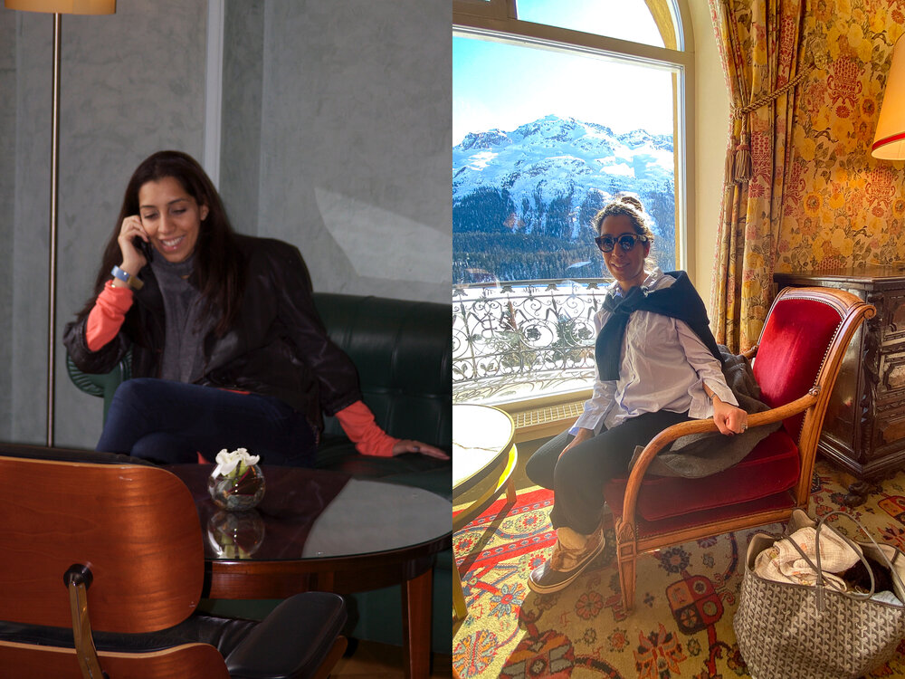 A trip to St. Mortiz was a sentimental choice by my husband. Below left is a picture of me in the Kronenhof hotel on the phone to my dad telling him I just got engaged. Below right is a picture of me in the Kulm hotel this morning with my giant bag filled with teddies and clothes changes for my children!